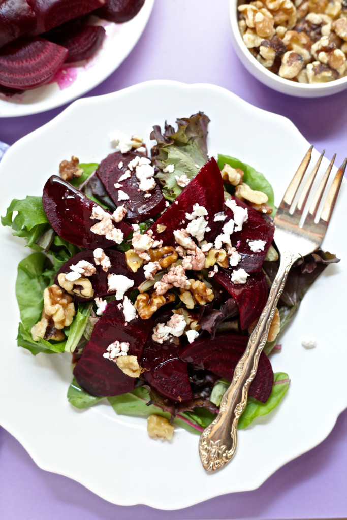 Perfect light dinner for week night. Salad with beets and goat cheese